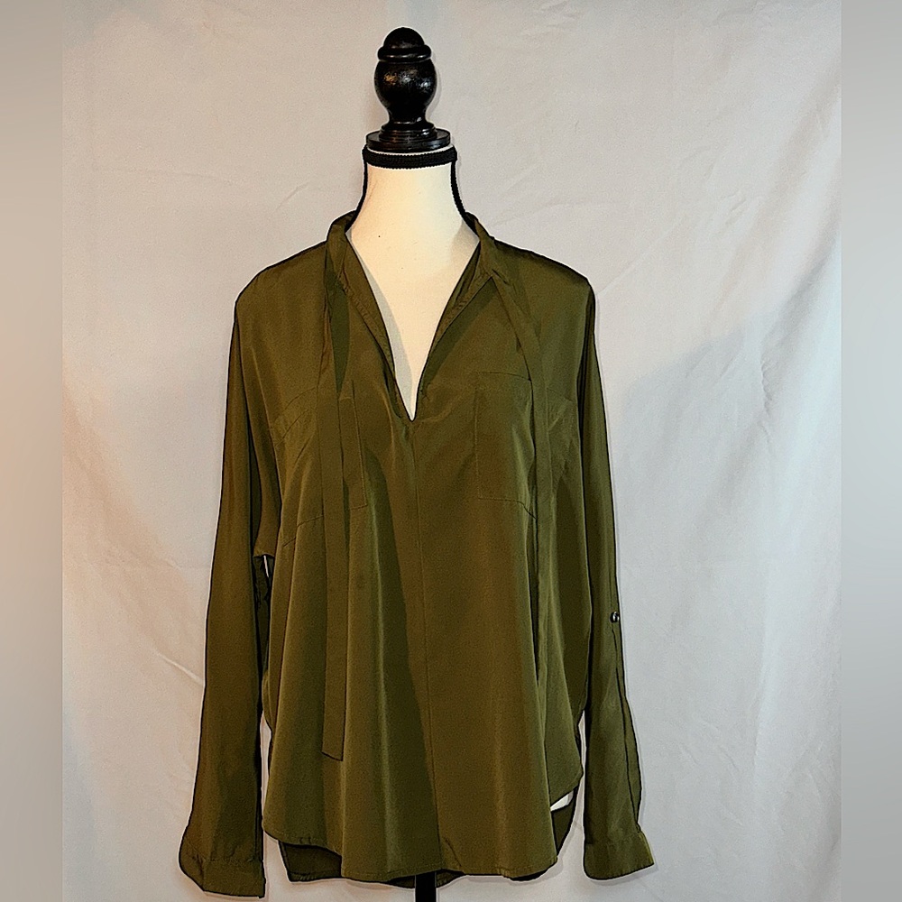 Abercrombie and Fitch • Olive Green Satin Tie Neck Blouse • Size Medium